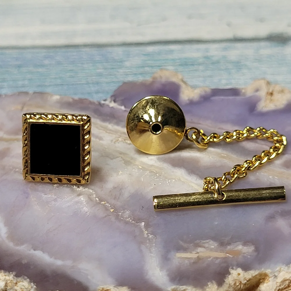 Black Enamel Square Tie Tack Clip.